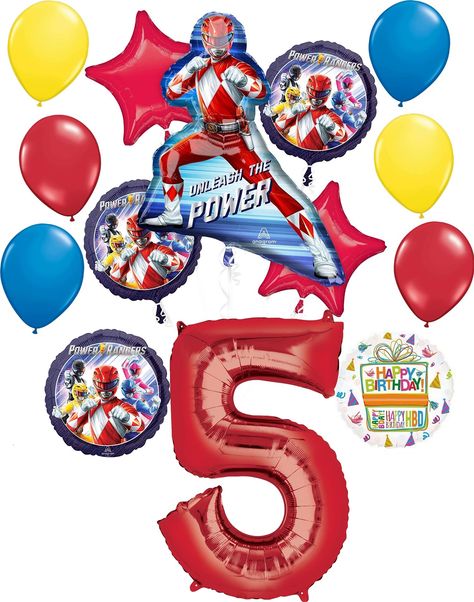 PRICES MAY VARY. (1) 34" Giant Red Number 5 Foil Balloon, (1) 27" Red Ranger Power Rangers Foil Balloon, (3)17" Power Rangers Round Foil Balloons, (1) 18" Happy Birthday Present Foil Balloon, (2) 19" Red Star Foil Balloon and (6) 11" Latex Balloons 2 each of Red, Blue and Yellow. Just add Helium to the balloons and ENJOY. Inflate balloons same day of event. Latex balloons have an average indoor float time of 12-24 hours. Foil balloons can last multiple days if filled and stored properly. Balloon Power Rangers Party, Candyland Party Decorations, Power Ranger Birthday Party, Confetti Balloons Birthday, Power Ranger Party, Power Ranger Birthday, Red Ranger, Video Games Birthday, Party Supply Store