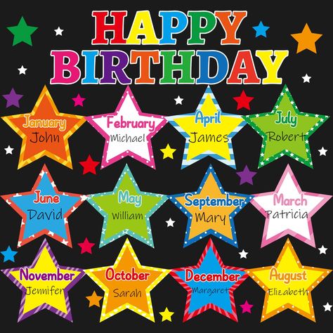 PRICES MAY VARY. Package includes: You will get 12pcs of large glitter star birthday month cutouts,1Pcs of “Happy Birthday” banner cutouts, 24pcs of star confetti cutouts, and 3 sheets of adhesive points. The quantity is enough to meet your classroom birthday decoration and regular needs. Premium material: Our star themed birthday bulletin board decorations are made of thick paper, fade-resistant, and coated with film on both sides, sturdy enough not to be easily damaged or broken and will withs Birthday Bulletin Board Ideas Classroom, Birthday Boards For Toddlers Classroom, Birthday Bulletin Boards Classroom, Toddler Bulletin Board Ideas, Birthday Board Ideas For Work, Birthday Calendar Ideas, Birthday Wall Ideas For Classroom, Class Birthday Board, Birthday Boards Classroom Preschool