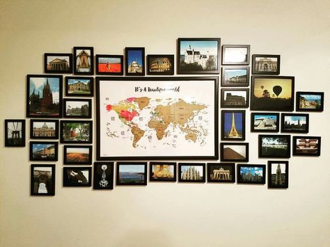 Travel Gallery Wall Ideas, Photo Gallery Wall Layout, Travel Display, Travel Photo Wall, Frame Arrangement, Travel Gallery Wall, Adventure Wall, World Map Wall Decor, Disney Diy Crafts