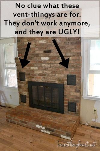 fireplace makeover Fake Fireplace Ideas, Reface Fireplace, Fireplace Apartment, Fireplace Makeovers, Fireplace Vent, Brick Fireplaces, Fireplace Redo, Tall Fireplace, Fireplace Stone