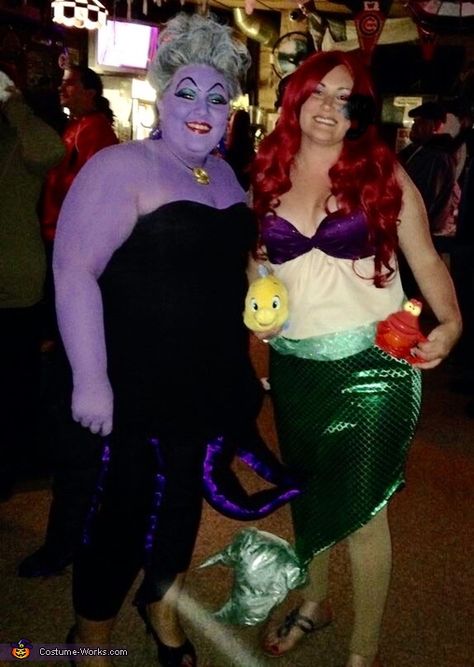 Lisa: This was my first year doing a costume duet, and pretty much nailed it! Lisa is Ursula and Lindsey is Ariel. I used Mehron's purple body paint, jewelry is from... Creative Diy Costumes, Paint Jewelry, Ursula Costume, 2015 Halloween Costumes, Costumes For Couples, Costume Works, Halloween Fairy, Black Tube Top, Homemade Costumes