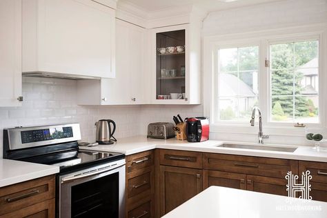 White Upper Cabinets, Bedroom Layout, Dark Walnut Stain, Kitchens And Bedrooms, Kitchen Inspiration Design, Upper Cabinets, Kitchen Plans, Painting Kitchen Cabinets, Walnut Stain