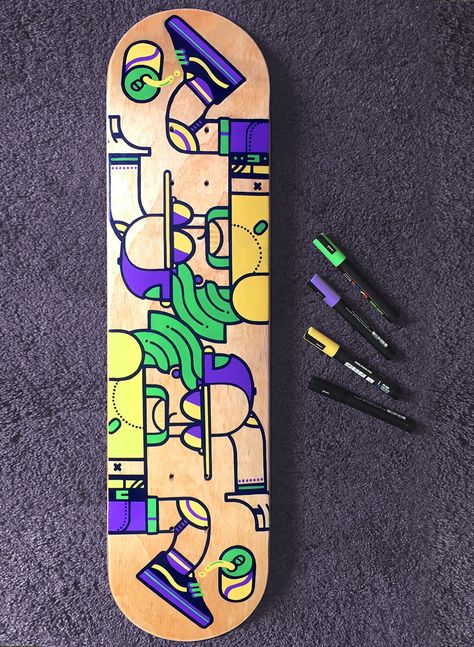 Wooden deck painted with Posca Pens. It's one of a serie originally made for an exposition in Barcelona. The character is inspired by the Joker from the skateboard playing card deck. - - - - - #handmande #wooden #skateboard #skateboardart #skateboarddesign #posca #poscapens #characterdesign #joker #skateboardplayingcard #linear #lineart #bold #stroke Posca Skateboard, Drawing On Skateboard, Joker Skateboard, Longboard Deck Art, Painted Skateboard Decks, Wooden Skateboard, Deck Painting, Pen Plotter, Painted Skateboard