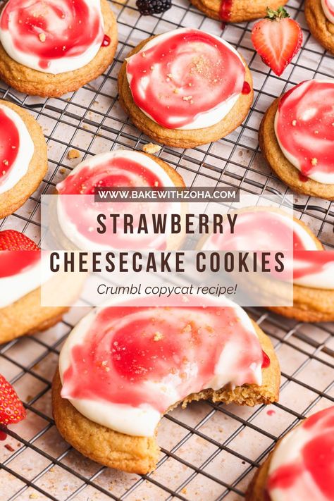 This easy strawberry cheesecake cookies recipe brings together all the flavors of a classic cheesecake in a cookie form! Made with a buttery graham cracker cookie base, a rich cheesecake filling, and a sweet strawberry glaze, these Crumbl copycat cookies are the perfect sweet treat for any dessert table. Simple to make, these cookies are sure to impress. Visit bakewithzoha.com for the full recipe! Strawberry Cheesecake Cookie Recipe, Easy Strawberry Cheesecake Cookies, Cheesecake Cookie Recipes, Crumble Cookies Copycat, Dessert Table Simple, Crumble Cookie Copycat Recipe, Best Strawberry Cheesecake, Crumbl Cookie Copycat, Copycat Cookies