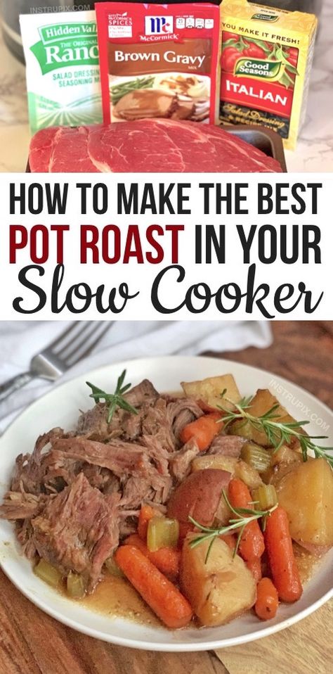 The BEST Easy Slow Cooker Pot Roast (Made with Ranch, Brown Gravy & Italian Dressing Mix) Vegetables Crockpot, Recipe With Italian Dressing, Best Slow Cooker Pot Roast, Crock Pot Roast, Crockpot Pot Roast, Slow Cooker Pot Roast Recipes, Crockpot Roast Recipes, Steak Dinner Recipes, Slow Cooker Pot Roast