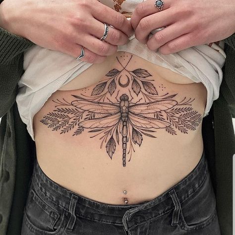 Art Nouveau Tattoo Sternum, Dragonfly Sternum Tattoo, Modern Tramp Stamp, Sternum Tattoo Ideas, Wicca Tattoo, Tattoo Under Breast, Sternum Tattoos, Sternum Tattoo Design, Underboob Tattoo Designs