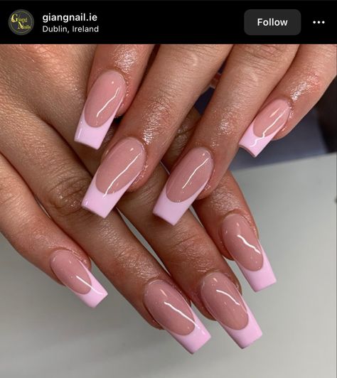 Coffin Acrylic Nails French Tip Pink, Pink French Tip Nails Rhinestones, Simple Pink Nails Coffin, Pastel Pink French Tip Nails Square, Pastel Pink Nails French Tip, Cute Pink Nails French Tip, Light Pink French Tip Nails With Design, Clear Nails With Pink Tips, French Tips Pink Nails