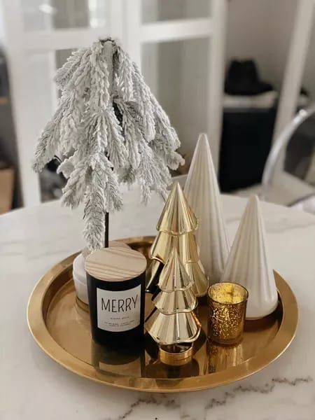 CHIC TALK is sharing this little holiday setup she has in her office and how you can shop this look! From the gold trees, golden plate, and candle shop all this home decor on her LTK page from Target! Golden Plate Decoration, Gold Tray Decor Ideas, Christmas Countertop Decor Ideas, Christmas Countertop, Gold Tray Decor, Countertop Decor Ideas, Target Decor, Golden Plate, Glamorous Decor