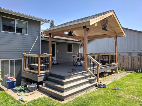 Custom Deck Update and Over Hang Roof - Transitional - Deck - Seattle - by Zia Construction LLC | Houzz Deck Roof Ideas, Roof Over Deck, Covered Deck Designs, Deck Roof, Gazebo On Deck, Deck Remodel, Covered Patio Design, Roof Ideas, Deck Pictures