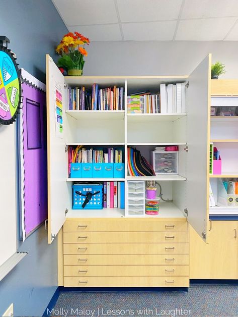 I LOVE being organized, but I'm not a naturally organized person, which can make classroom organization challenging! Can you relate? In this post I'm sharing some of my favorite organized spots in my classroom and the supplies and systems that help me keep them semi-organized throughout the year! Organizing Classroom Cabinets, Classroom Storage Cabinet, Classroom Shelf Organization, Teacher Cabinet Organization, Classroom Closet Organization, Classroom Cabinet Organization, Classroom Cabinets, Classroom Floor Plan, Classroom Organization Ideas