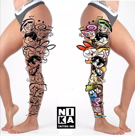 Cartoon Network Tattoo Ideas, Cartoon Tattoo Ideas, Leg Sleeve Tattoos, Tattoo Pierna, Leg Tattoo Ideas, 90s Tattoos, Animated Shows, Pop Art Tattoos, Shin Tattoo