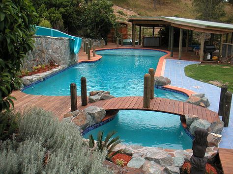 Swimming Pools Backyard Inground, Pool Bridge, Backyard Envy, Dream Backyard Pool, Pool Features, Pool Images, Outside Pool, Pools Backyard Inground, Pool Water Features