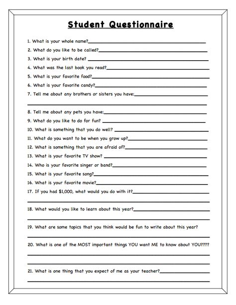 Student Questionnaire.pdf Questions For High School Students, Student Questionnaire, Art Questions, Health Worksheets, Zebra Room, Student Survey, First Day Of School Activities, School Worksheets, Beginning Of The School Year