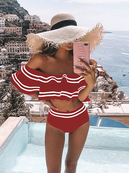 Red Off Shoulder Ruffle Trim Bikini Set Bandage Bathing Suit, Fringe Swimsuit, Ruffle Bathing Suit, Striped Swimwear, Suit Swimsuit, Ruffle Swimsuit, Costume Intero, Beachwear For Women, Mode Inspiration