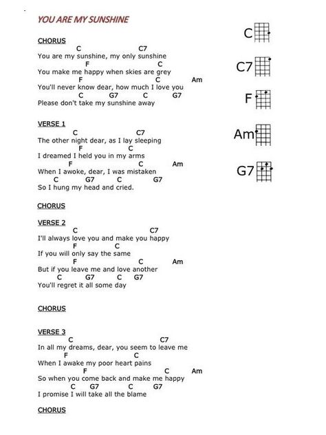 Tune: You Are My Sunshine Ukulele You Are My Sunshine, You Are My Sunshine Chords, Sailor Song Ukulele Chords, You Are My Sunshine Ukulele Chords, You Are My Sunshine Guitar Chords, Basic Guitar Chords Chart, Sunshine Songs, Ukulele Songs Beginner, Ukulele Chords Songs