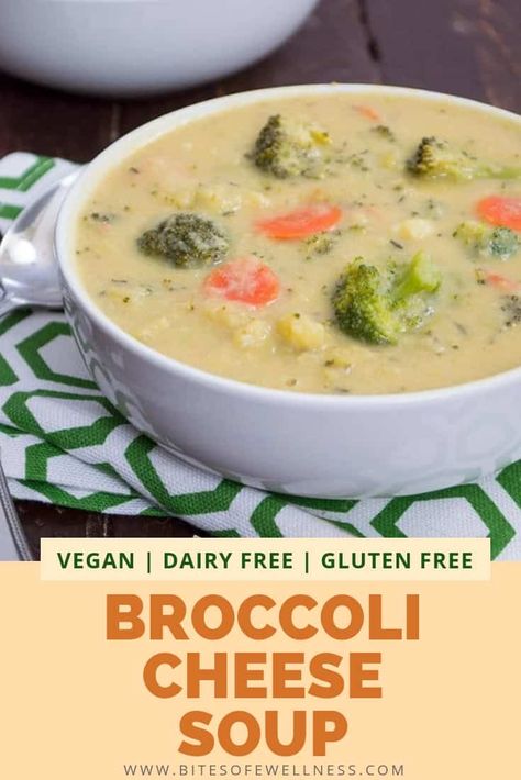 One pot, healthy vegan broccoli cheese soup is sure to make any dinner special. This broccoli cheese soup only takes 25 minutes, and is packed with added veggies, fiber and protein! #Vegan #glutenfree #dairyfree | https://bitesofwellness.com via @bitesofwellness Healthy Broccoli Cheese Soup, Vegan Broccoli Cheese Soup, Soup Broccoli, Vegan Broccoli, Healthy Broccoli, Cream Of Broccoli, Broccoli Cheese Soup Recipes, Cheese Soup Recipes, Cream Of Broccoli Soup