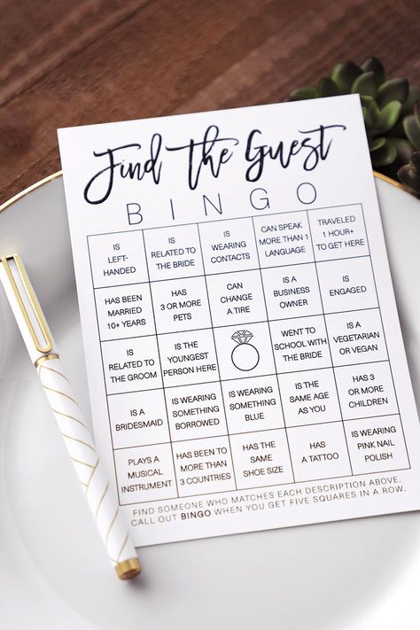 Bingo Bridal Shower Game, Find The Guest Bingo, Guest Bingo, Wedding Games For Guests, Find The Guest, Wedding Planner Binder, Fun Bridal Shower Games, Bridal Shower Planning, Bridal Games