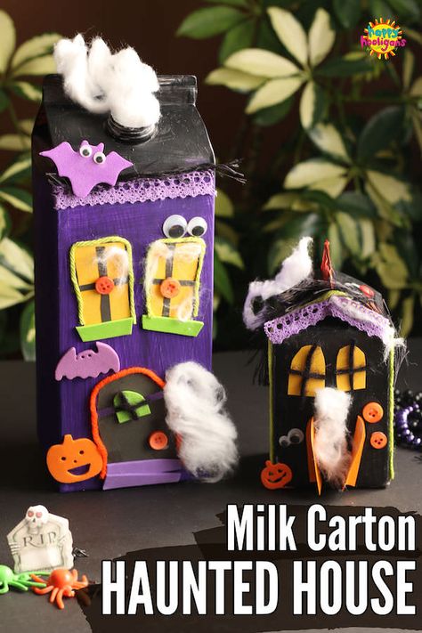 A milk carton haunted house is a fun and easy (and adorable) Halloween craft for kids of all ages. All you need is a cardboard milk carton and a few scraps from the craft cupboard. Make one or two, or a whole haunted village to line a windowsill in your home or classroom. #HappyHooligans #Halloween #Craft #Kids #Haunted #House #Milk #Carton #Easy #Spooky #KidsCraft #KidsArt Easy Gnome Ornaments, Haunted House For Kids, Milk Carton Crafts, Haunted House Craft, Haunted Village, Haunted House Diy, Happy Hooligans, Craft Cupboard, Casa Halloween