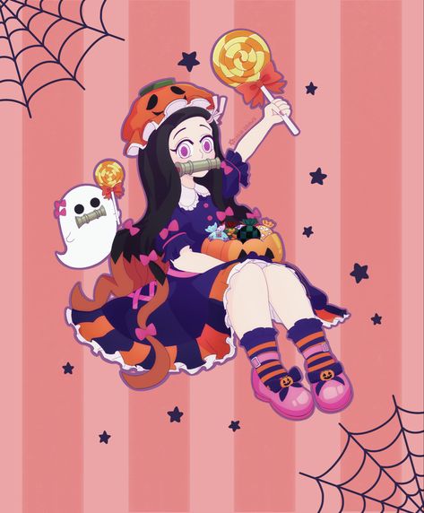 Nezuko from Demon Slayer dressed in a pumpkin themed Halloween outfit Nezuko Halloween, Demon Slayer Halloween, Nezuko Valentines Day, Nezuko Swap Au, Nezuko Demon Slayer Version, Nezuko As A Demon Slayer Fanart, Halloween Event, Bunny Ear, Halloween Inspiration