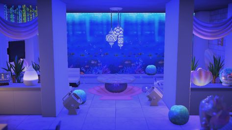 Animal Crossing Underwater Room, Acnh Underwater Room, Acnh Aquarium Room, Animal Crossing Aquarium Room, Acnh Aquarium Ideas, Acnh Aquarium, Underwater Bedroom, Underwater Room, Games Room Inspiration