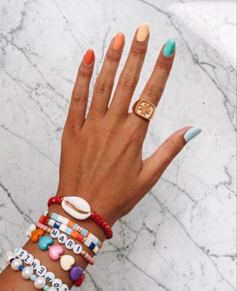 Nails With 5 Different Colors, Solid Color Nail Combos, Solid Nail Color Ideas Multicolor, Summer Nails Multiple Colors, Matte Bright Nails, Multi Color Nails Summer, Simple Multicolor Nails, Different Color Summer Nails, Bright Different Color Nails