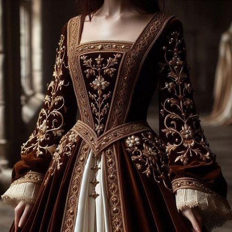 Aesthetic Midevil Outfits, Brown Gown Aesthetic, Vintage Royal Aesthetic Outfits, Medevil Royal Dresses, Royal Dresses Princesses Gowns, Targaryen Clothing Aesthetic, Royal Clothes Aesthetic, Medieval Dress Princess Royals, Royal Fantasy Dress