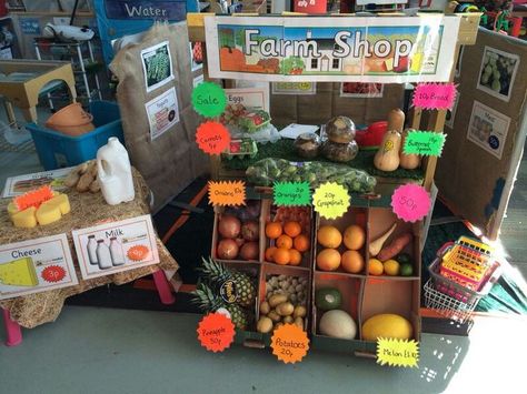 Farm Market Dramatic Play, Fruit And Veg Role Play Eyfs, Farmers Market Role Play, Fruit And Veg Shop Role Play Eyfs, Role Play Shop Ideas, Eyfs Farm Topic, On The Farm Eyfs, Farm Shop Role Play, Role Play Corner Ideas