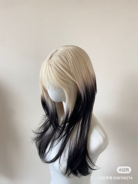 Black Ends Hair, Black And White Hairstyles Aesthetic, Black White Hair Aesthetic, White And Black Hair, Black And Red Hair, Hairstyles Wig, Kawaii Wigs Black, White Cosplay Wig, Hair Sleek