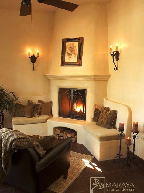 Fireplace Spanish Style Fireplace, Spanish Fireplace, Mediterranean Living Room, Fireplace Seating, Mediterranean Living, Bedroom Fireplace, Built In Seating, Corner Fireplace, Mediterranean Home