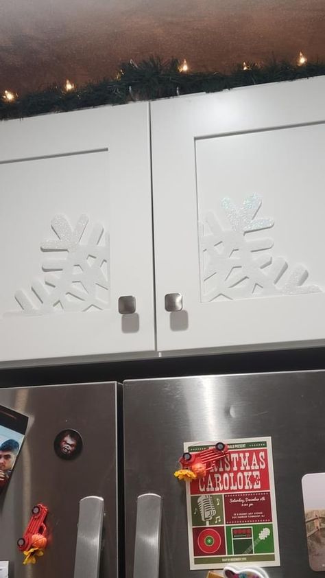 Snowflake Kitchen Decor, Snowflake Decorations, Christmas Door Decorations, Cabinet Decor, Christmas 2023, Christmas Kitchen, Holiday Decorating, Christmas 2024, Cabinet Doors