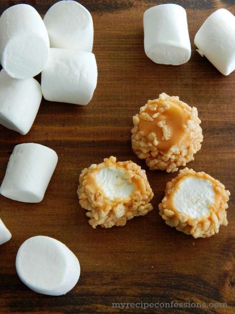 Rice Krispie Caramel Marshmallows. SO GOOD! Roll mallows in caramel and add ANY topping! Diy Marshmallows, Caramel Marshmallows, Recipes With Marshmallows, Crispy Treats, Rice Krispie Treats, Homemade Candies, Rice Krispie, Yummy Sweets, Sweets Treats