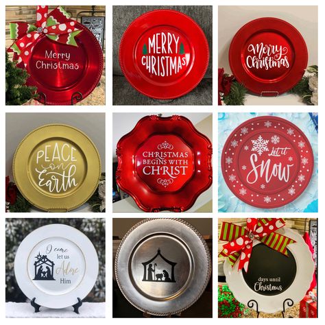 Christmas Plates Cricut, Cricut Charger Plate Ideas, Charger Plate Christmas Ideas, Christmas Charger Plate Ideas, Christmas Plate Ideas, Charger Plates Christmas, Plate Decorating, Charger Plates Diy, Christmas Vinyl Projects