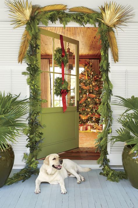 50 Ways to Decorate with Fresh Christmas Greenery Tropical Christmas Decorations, Beach Christmas Decorations, Hawaii Christmas, Christmas Front Door, Southern Christmas, Florida Christmas, Coastal Christmas Decor, Beachy Christmas, Hawaiian Christmas