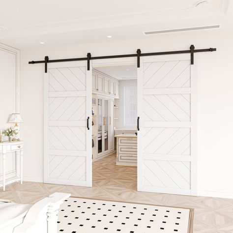 ARK DESIGN Manufactured Wood Prefinished Double Sliding Barn Door with Installation Hardware Kit | Wayfair Double Sliding Barn Door, Double Sliding Barn Doors, Double Barn Doors, Door Hardware Interior, Space Saving Solutions, Sound Insulation, Home Doors, Barn Doors Sliding, Sliding Barn Door