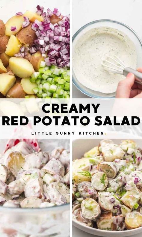 This creamy red potato salad is perfect for potlucks, BBQs, and to serve for lunch! It's so simple, red potatoes with crunchy celery and red onions are tossed in a creamy and tangy dill dressing. It's so comforting and can be made ahead. Dill Red Potato Salad, Red Skin Potato Salad, Red Potato Salad Recipe, Making Potato Salad, Potato Salad Dill, Little Sunny Kitchen, Red Potato Salad, Potato Salad Recipe Easy, Baked Potato Salad