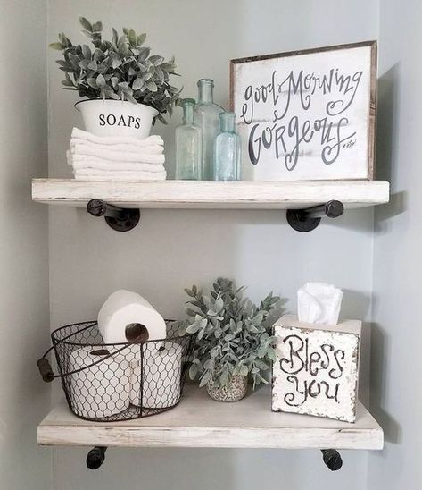 Makeover Kamar Mandi, Plumbing Pipes, Dekorasi Kamar Tidur, Farmhouse Bathroom Decor, Industrial Farmhouse, Small Bathroom Decor, House Bathroom, Farmhouse Bathroom, Bathroom Shelves