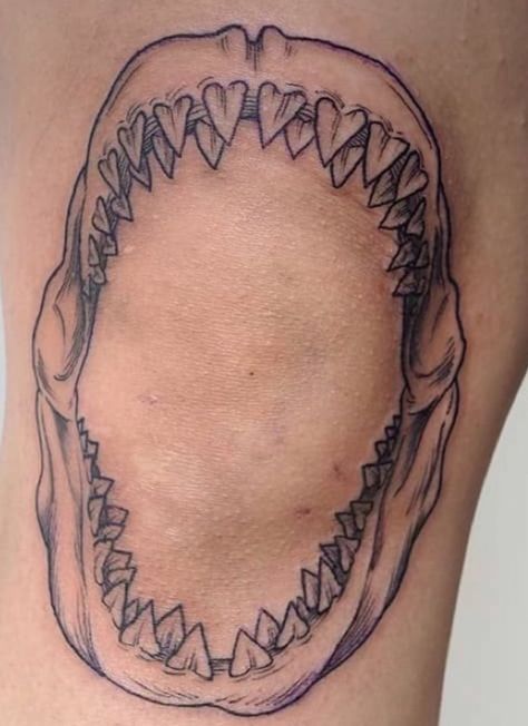 Megalodon Jaw Tattoo, Megladon Tooth Tattoo, Sharknado Tattoo, Female Knee Tattoos, Shark Teeth Tattoo, Jaws Tattoo, Tattoos Shark, Shark Jaw Tattoo, Shark Jaws Tattoo