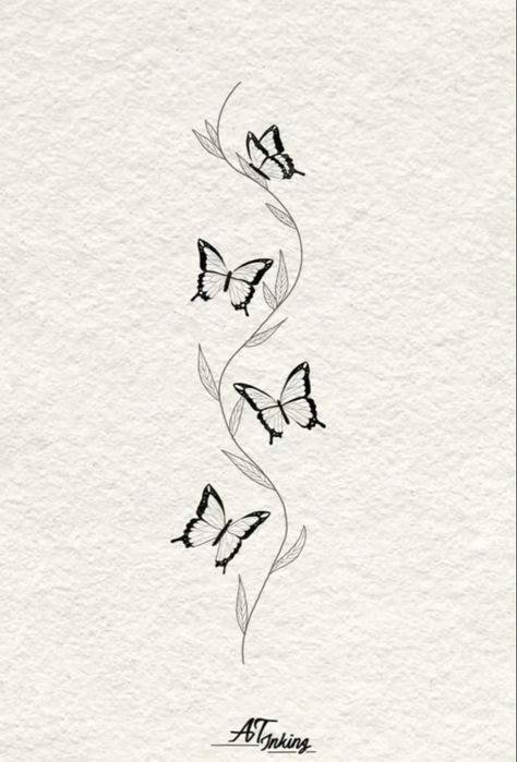 Tattoo Back Women Butterfly, Small Tattoos For Women Words, Butterfly Spine Tattoo Design, Spine Tattoos For Women Drawings, Spine Drawing Tattoo, Simple Butterfly Spine Tattoo, Four Butterfly Tattoo, October Butterfly Tattoo, Butterfly And Flower Spine Tattoo