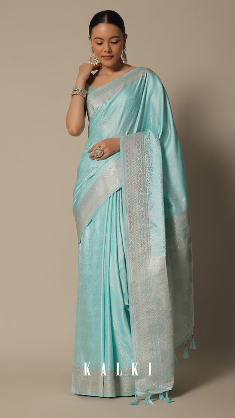 "Indulge in the regal charm of our Festive Brocade Silk Saree. It is adorned in a soothing Sky Blue hue. This handloom masterpiece is meticulously woven with intricate details. The saree pack includes an unstitched blouse fabric for a complete and sophisticated ensemble.

" Light Blue Saree, Sari India, Sky Blue Saree, Christian Bride, Blue Silk Saree, Grey Saree, Saree Jewellery, Fashion Indian, Royal Look