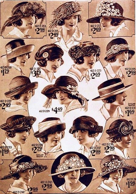 1910s - Early 1920's hats Look Gatsby, 1920s Hats, Moda Medieval, Mode Retro, Ladies Hats, Love Hat, Cloche Hat, Vintage Advertisement, Old Fashion