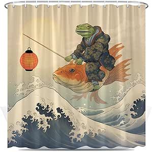 Japanese Traditional Painting, Funny Shower Curtain, Bathroom Bright, Waves Japanese, Holding Lantern, Japanese Shower, Curtains Hooks, Cat Shower Curtain, Painted Curtains