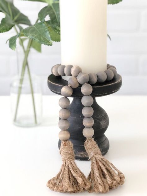 How To Display Wooden Beads, Beaded Garland Decor Ideas, Bead Decor Ideas, Candle Tray Ideas, Small Vases With Flowers, Black Candle Holder, Black Candlesticks, Candle Holder Crafts, Shallow Shelves