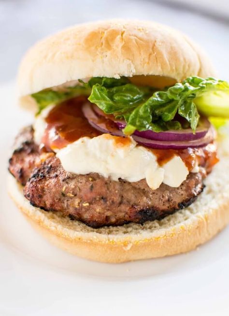 Turkey Burger Recipes Easy, Goat Cheese Peach, Burger Recipes Easy, Vacation Dinners, Goat Products, Best Turkey Burger, Savory Sandwiches, Ground Turkey Burgers, Peach Bbq