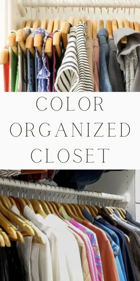 Struggling with a cluttered closet? Unlock the secret to a picture-perfect wardrobe with our easy color organized closet system and chart guide. Master the art of closet organization by arranging your clothes by color or style. This simple, yet effective method will transform your daily dressing routine, aiding you to quickly find what you need. Redefine your closet reality today! Easy step by step instructions on how to organize clothes by color in the closet. How To Arrange Clothes In Wardrobe, Color Organized Closet, Organize Clothes By Color, Arrange Closet, Color Organization Closet, Organize Clothes In Closet, Color Coded Closet, Clothes In Closet, Color Coordinated Closet