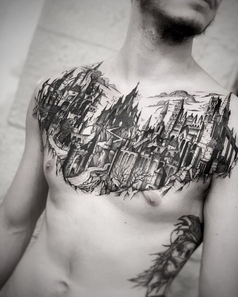 Medieval City by Lahhel, artist and owner at Baron Noir Tattoo in Bordeaux, France. Medieval Chest, Cathedral Tattoo, France Tattoo, Medieval Tattoo, Torso Tattoos, Belly Tattoo, City Tattoo, Triangle Tattoos, Medieval City