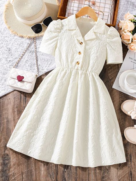 Apricot Casual Collar Short Sleeve Polyester Plain Shirt Embellished Non-Stretch  Tween Girls Clothing Frock For Teens, Short Frocks For Women, Frock Designs For Women, Frock Designs For Girl, Mini Frock, Short Frocks, Frocks For Kids, Simple Frock Design, Cotton Short Dresses