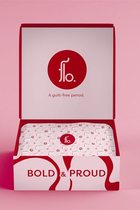 Flo aims to transform periods from a secretive aspect of feminine hygiene to a celebrated part of self-care. I created this package design to bring the brand to life, allowing feminine hygiene products to be delivered easily to your doorstep. Period Product Packaging, Sanitary Pads Packaging Design, Period Branding, Period Packaging, Feminine Packaging Design, Period Pack, Period Package, Subscription Box Design, Period Box