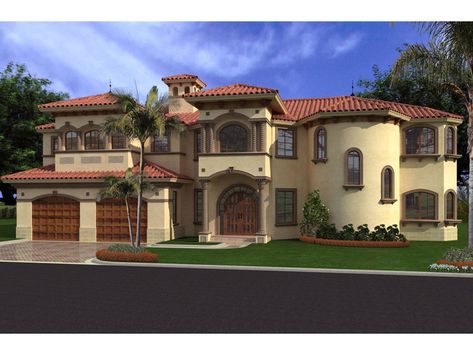 Placida Spanish Luxury Home Plan Spanish Mediterranean, Mediterranean Style House Plans, Cozy Family Rooms, Mediterranean Style Homes, Mediterranean Design, Casas Coloniales, Spanish Style Homes, Luxury House Plans, Mediterranean Home