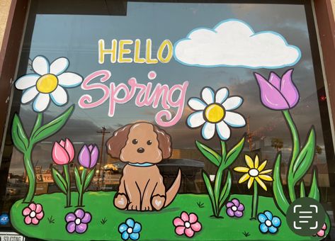 Easy Window Painting Ideas Summer, Spring Window Painting Ideas Easy, Spring Window Art, Easter Window Painting, Spring Window Painting, Painted Window Art, Window Mural, Easter Drawings, Window Drawing