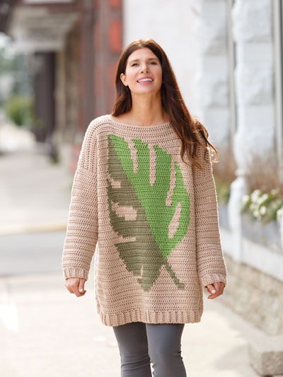 New Crochet Patterns - ANNIE'S SIGNATURE DESIGNS: Monstera Crochet Pullover Pattern Monstera Crochet, Crochet Clothing Patterns, Crochet Monstera, Leaf Sweater, Crochet Pullover Pattern, Crochet Leaf, Crochet Pullover, Cowl Sweater, Pullover Pattern